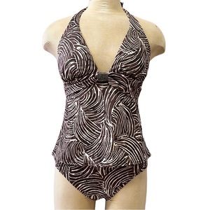 Jantzen Tankini Swimsuit 2pc Bikini Brown Halter Tropical Palm 10